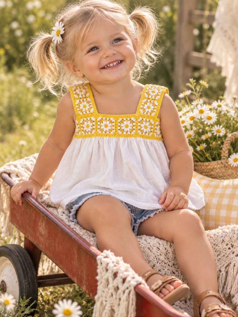 Haute Hippie Kids 24M Yellow Crochet Daisy White Cotton Top